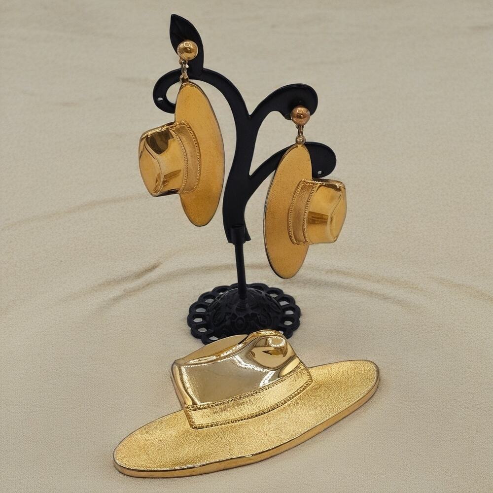 Vintage Park Lane Gold tone Cowboy Hat Western Statement Earrings and Brooch